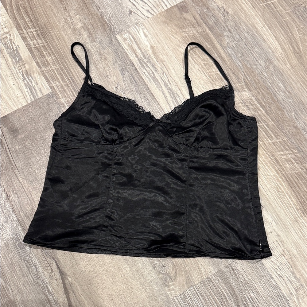 Divided Black Satin Lace-Trim Cami